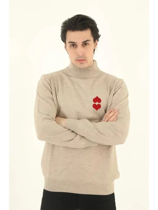 Unisex Yarım Boğazlı Baskılı Dokuma Triko - Bej Unisex Yarım Boğazlı Baskılı Dokuma Triko - Bej