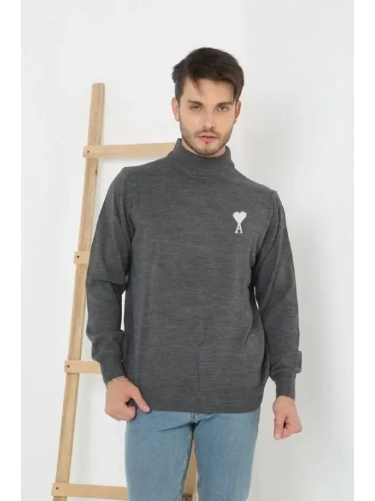 Unisex Yarım Boğazlı Baskılı Dokuma Triko - Füme Unisex Yarım Boğazlı Baskılı Dokuma Triko - Füme