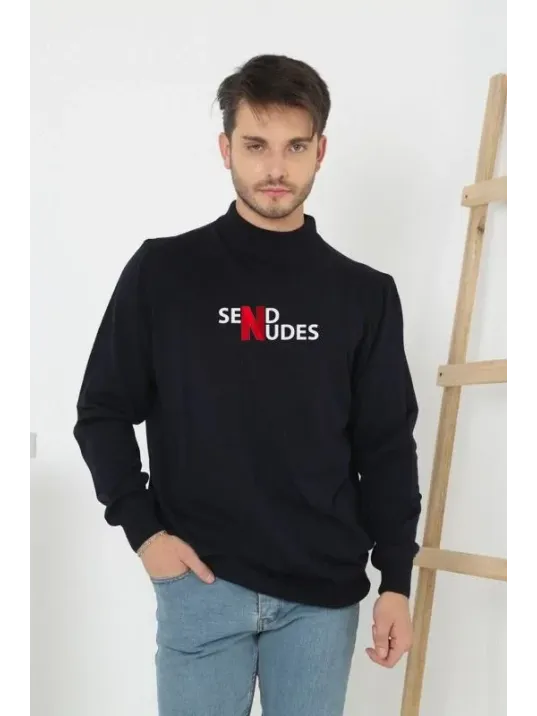 Unisex Yarım Boğazlı Baskılı Dokuma Triko - Siyah Unisex Yarım Boğazlı Baskılı Dokuma Triko - Siyah