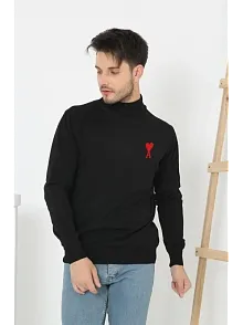 Unisex Yarım Boğazlı Baskılı Dokuma Triko - Siyah