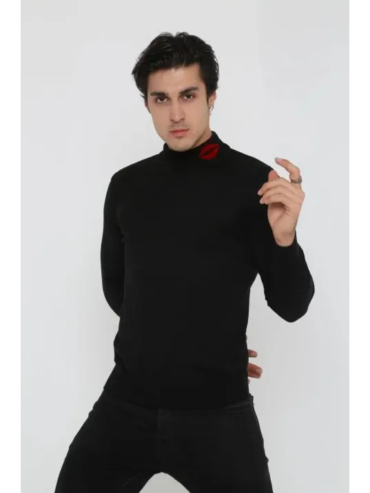 Unisex Yarım Boğazlı Baskılı Dokuma Triko - Siyah Unisex Yarım Boğazlı Baskılı Dokuma Triko - Siyah