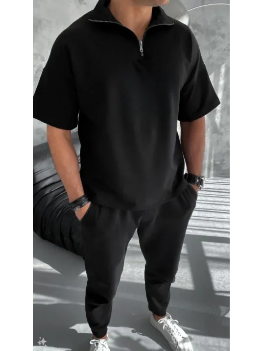 Unisex Yarım Fermuarlı Basic T-Shirt - Siyah Unisex Yarım Fermuarlı Basic T-Shirt - Siyah