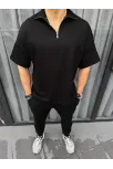 Unisex Yarım Fermuarlı Basic T-shirt - Siyah