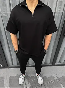 Unisex Yarım Fermuarlı Basic T-shirt - Siyah