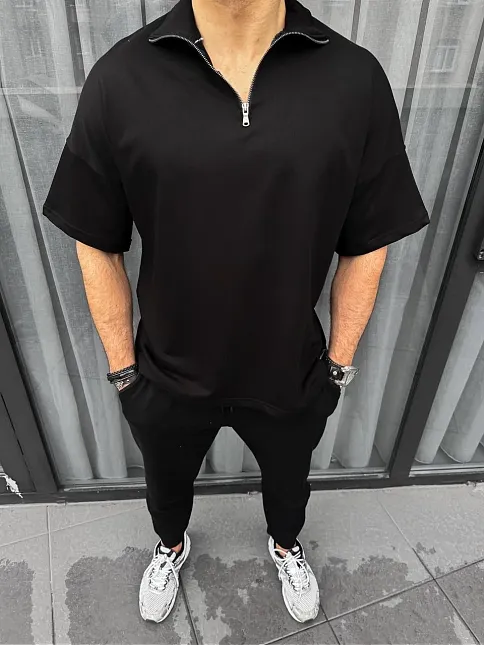 Unisex Yarım Fermuarlı Basic T-shirt - Siyah