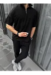 Unisex Yarım Fermuarlı Basic T-shirt - Siyah