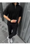 Unisex Yarım Fermuarlı Basic T-shirt - Siyah