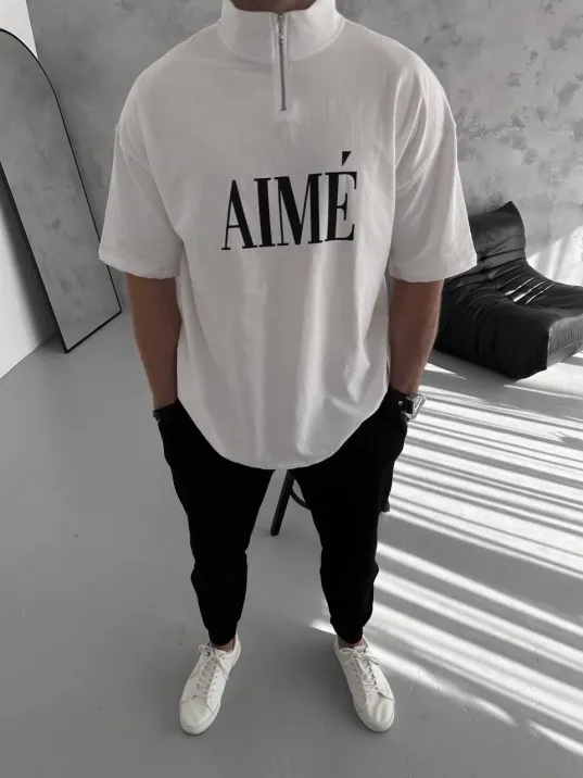 Unisex Yarım Fermuarlı Baskılı T-Shirt - Beyaz Unisex Yarım Fermuarlı Baskılı T-Shirt - Beyaz