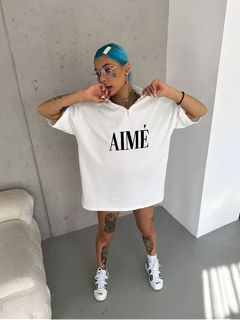 Unisex Yarım Fermuarlı Baskılı T-shirt - Beyaz