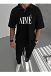 Unisex Yarım Fermuarlı Baskılı T-shirt - Siyah