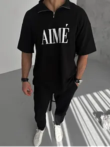 Unisex Yarım Fermuarlı Baskılı T-shirt - Siyah