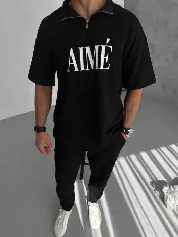 Unisex Yarım Fermuarlı Baskılı T-Shirt - Siyah Unisex Yarım Fermuarlı Baskılı T-Shirt - Siyah