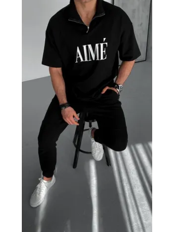 Unisex Yarım Fermuarlı Baskılı T-Shirt - Siyah