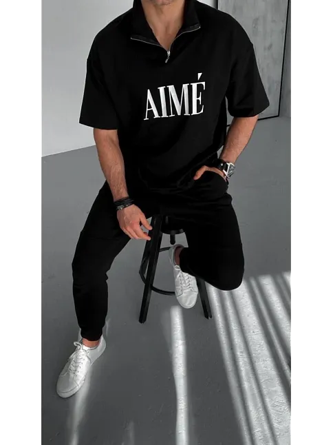 Unisex Yarım Fermuarlı Baskılı T-shirt - Siyah