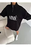 Unisex Yarım Fermuarlı Baskılı T-shirt - Siyah