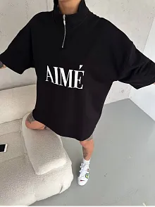 Unisex Yarım Fermuarlı Baskılı T-shirt - Siyah