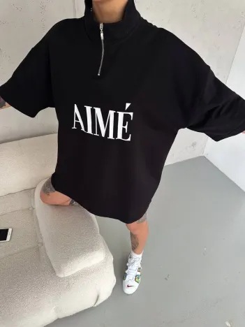 Unisex Yarım Fermuarlı Baskılı T-Shirt - Siyah Unisex Yarım Fermuarlı Baskılı T-Shirt - Siyah