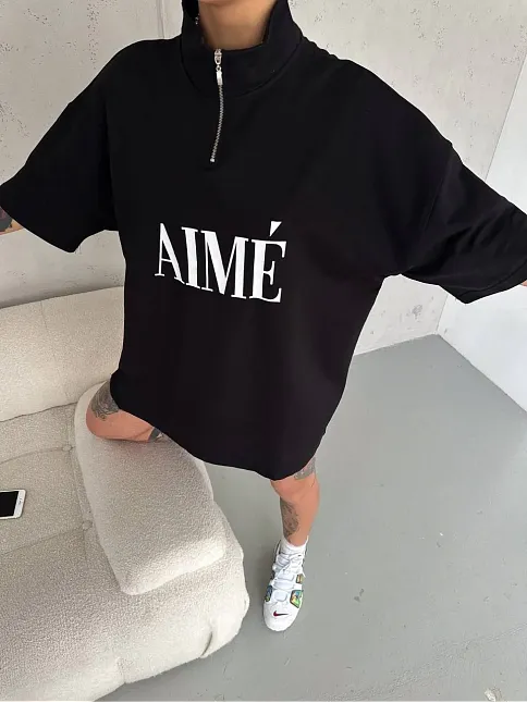 Unisex Yarım Fermuarlı Baskılı T-shirt - Siyah
