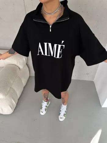 Unisex Yarım Fermuarlı Baskılı T-Shirt - Siyah Unisex Yarım Fermuarlı Baskılı T-Shirt - Siyah