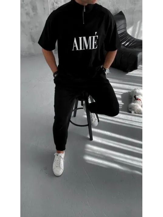 Unisex Yarım Fermuarlı Baskılı T-Shirt - Siyah