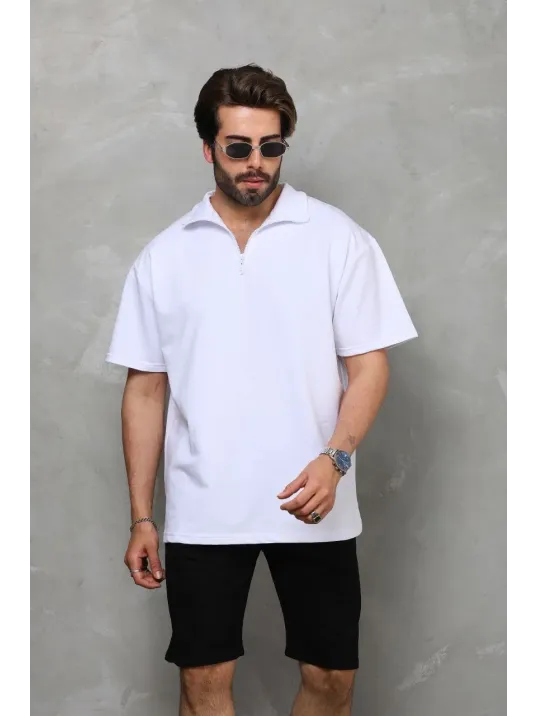 Unisex Yarım Fermuarlı Düz Oversize T-shirt - Beyaz Unisex Yarım Fermuarlı Düz Oversize T-shirt - Beyaz