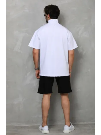 Unisex Yarım Fermuarlı Düz Oversize T-shirt - Beyaz