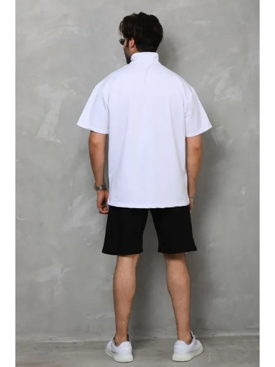 Unisex Yarım Fermuarlı Düz Oversize T-shirt - Beyaz Unisex Yarım Fermuarlı Düz Oversize T-shirt - Beyaz