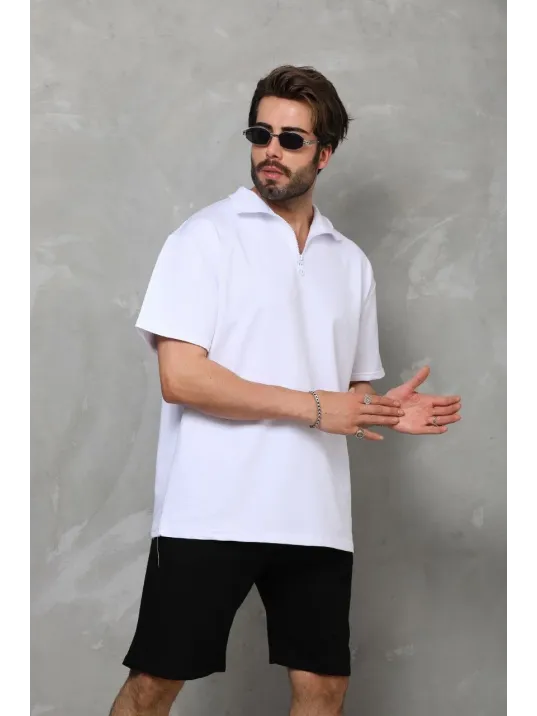 Unisex Yarım Fermuarlı Düz Oversize T-shirt - Beyaz Unisex Yarım Fermuarlı Düz Oversize T-shirt - Beyaz