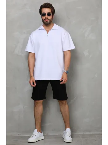 Unisex Yarım Fermuarlı Düz Oversize T-shirt - Beyaz