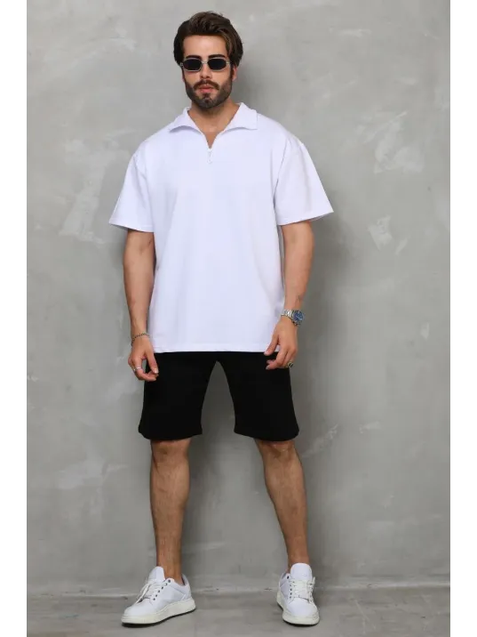 Unisex Yarım Fermuarlı Düz Oversize T-shirt - Beyaz Unisex Yarım Fermuarlı Düz Oversize T-shirt - Beyaz