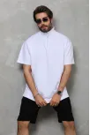 Unisex Yarım Fermuarlı Düz Oversize T-shirt - Beyaz Unisex Yarım Fermuarlı Düz Oversize T-shirt - Beyaz