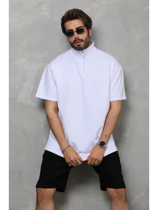 Unisex Yarım Fermuarlı Düz Oversize T-shirt - Beyaz Unisex Yarım Fermuarlı Düz Oversize T-shirt - Beyaz