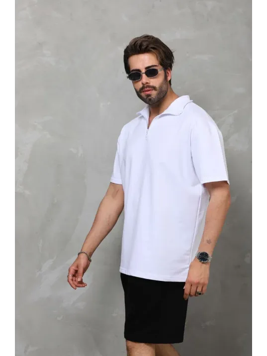 Unisex Yarım Fermuarlı Düz Oversize T-shirt - Beyaz Unisex Yarım Fermuarlı Düz Oversize T-shirt - Beyaz