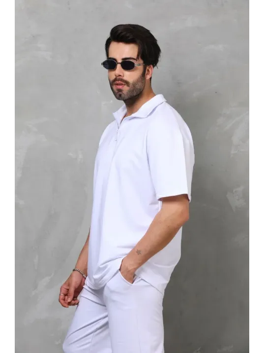 Unisex Yarım Fermuarlı Düz Oversize T-shirt - Beyaz Unisex Yarım Fermuarlı Düz Oversize T-shirt - Beyaz