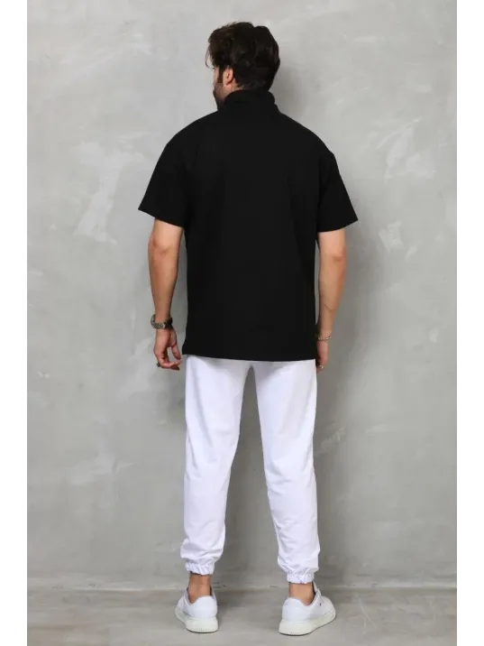 Unisex Yarım Fermuarlı Düz Oversize T-shirt - Siyah Unisex Yarım Fermuarlı Düz Oversize T-shirt - Siyah