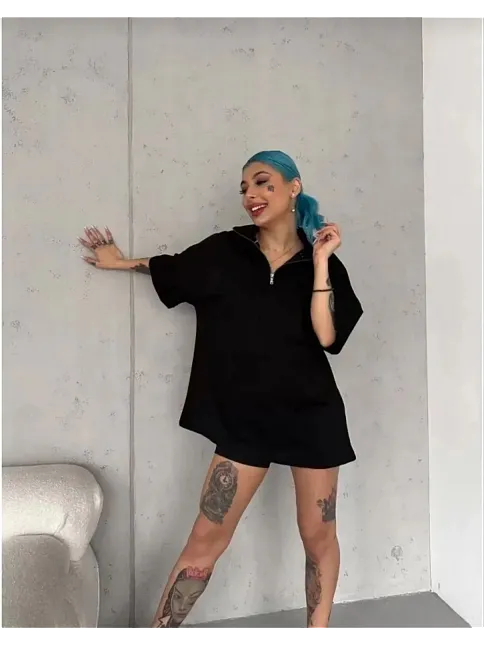 Unisex Yarım Fermuarlı Düz Oversize T-shirt - Siyah