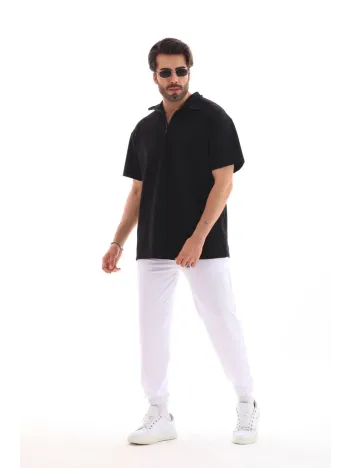 Unisex Yarım Fermuarlı Düz Oversize T-shirt - Siyah Unisex Yarım Fermuarlı Düz Oversize T-shirt - Siyah