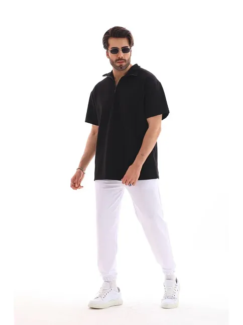 Unisex Yarım Fermuarlı Düz Oversize T-shirt - Siyah