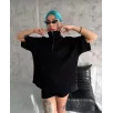 Unisex Yarım Fermuarlı Düz Oversize T-Shirt - Siyah