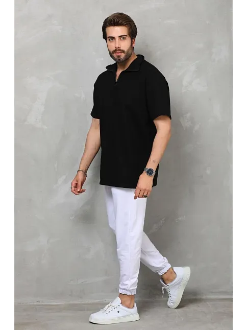 Unisex Yarım Fermuarlı Düz Oversize T-shirt - Siyah