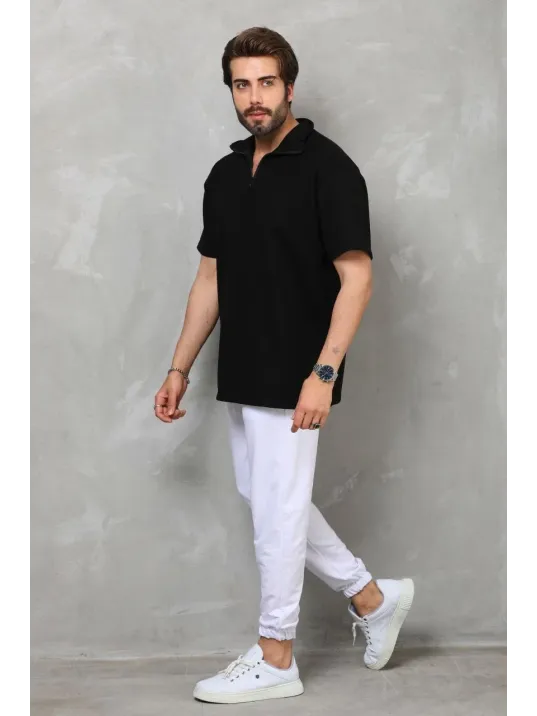 Unisex Yarım Fermuarlı Düz Oversize T-shirt - Siyah Unisex Yarım Fermuarlı Düz Oversize T-shirt - Siyah