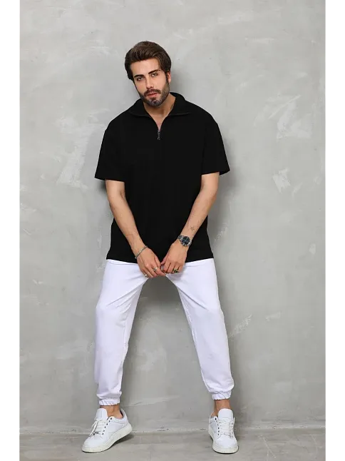 Unisex Yarım Fermuarlı Düz Oversize T-shirt - Siyah