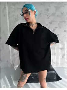 Unisex Yarım Fermuarlı Düz Oversize T-shirt - Siyah