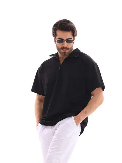 Unisex Yarım Fermuarlı Düz Oversize T-shirt - Siyah