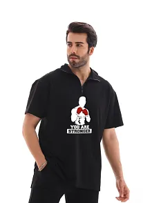 Unisex Yarım Fermuarlı Oversize Baskılı T-shirt - Siyah