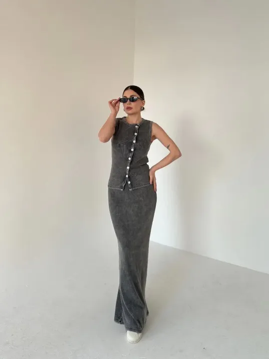 Uzun Etekli Önü Düğmeli Badi İkili Takım- Antrasit