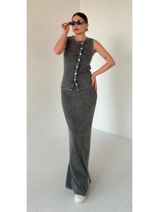 Uzun Etekli Önü Düğmeli Badi İkili Takım- Antrasit