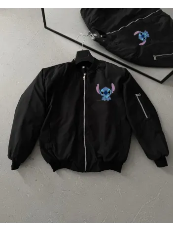 Unisex Siyah Bomber Ceket – Fermuarlı, Cepli, Kapitone Astarlı, Sevimli Stitch Baskılı Günlük Rahat Mont - Siyah Unisex Siyah Bomber Ceket – Fermuarlı, Cepli, Kapitone Astarlı, Sevimli Stitch Baskılı Günlük Rahat Mont - Siyah