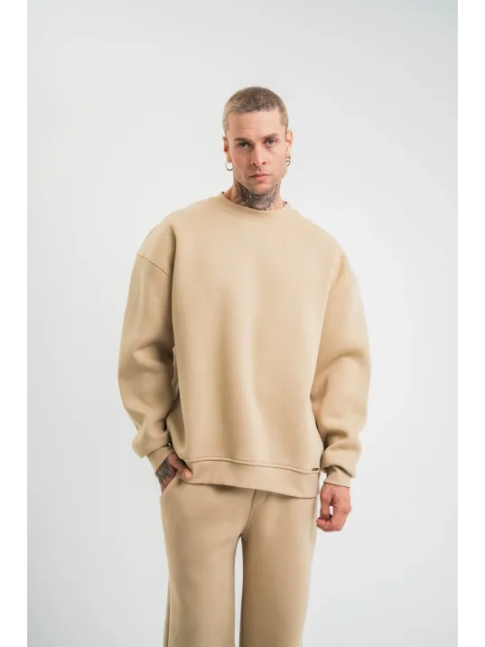 Uzun Kol Bisiklet Yaka Basic Sweatshirt - Bej