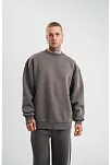 Erkek Uzun Kol Bisiklet Yaka 3 İplik Pamuklu Kışlık Sweatshirt  - Füme